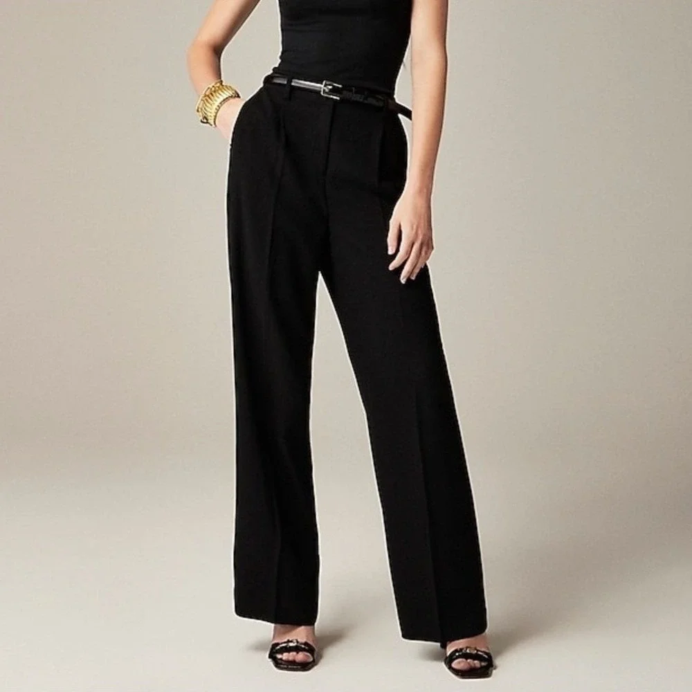 J. Crew Black Essential Wide Leg Pants City Crepe Trouser Cuffed Relaxed Size 0